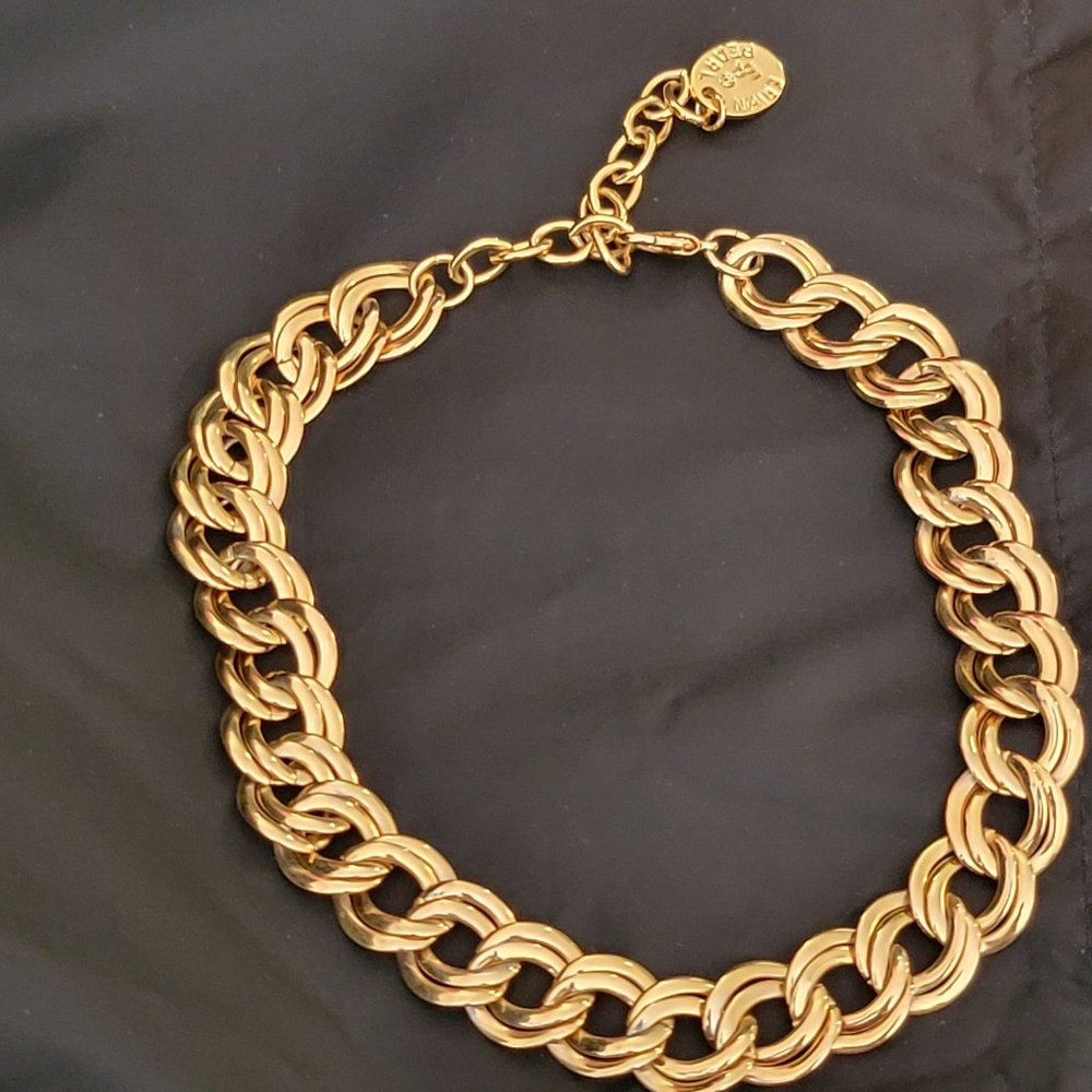 EP Erwin Pearl Gold Tone Chunky Link Choker Necklace Signed Runway Statement Fob